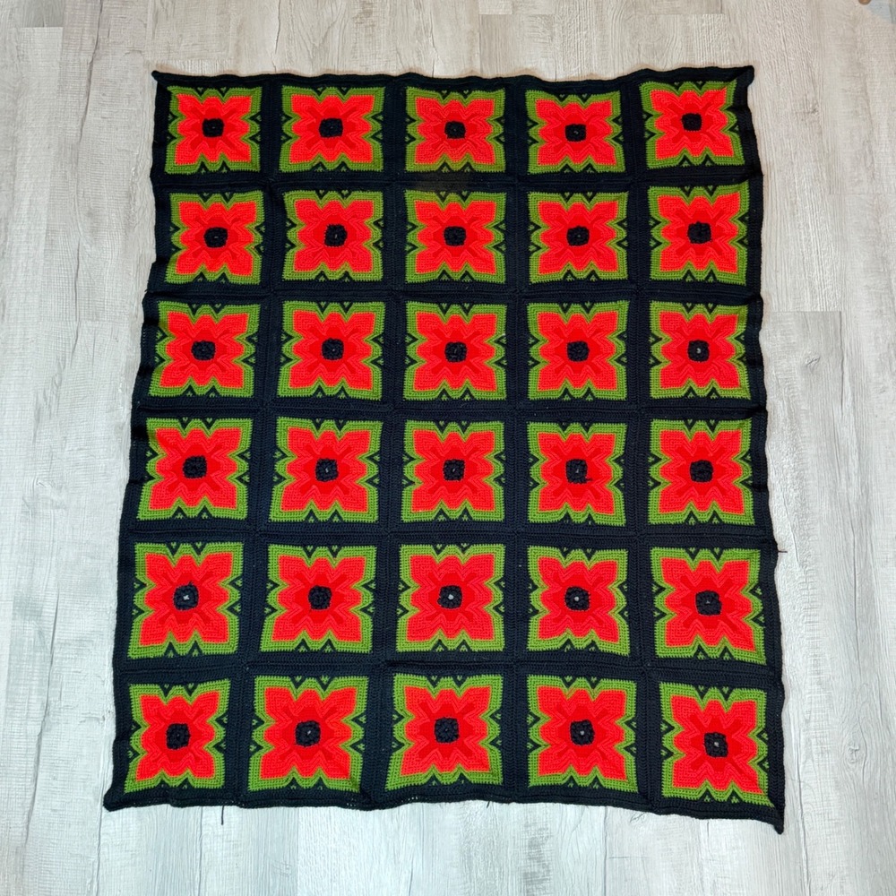 Handmade Granny Square Crochet Afghan Throw Black Red Roses 58x48